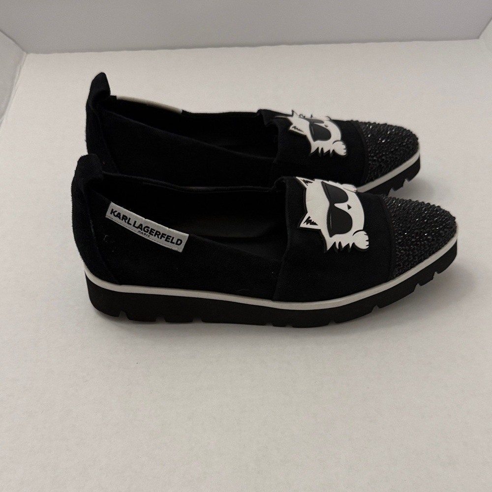 Karl Lagerfeld Black Cat Graphic Crystal-Toe Slip-On Flats - Picture 4 of 7